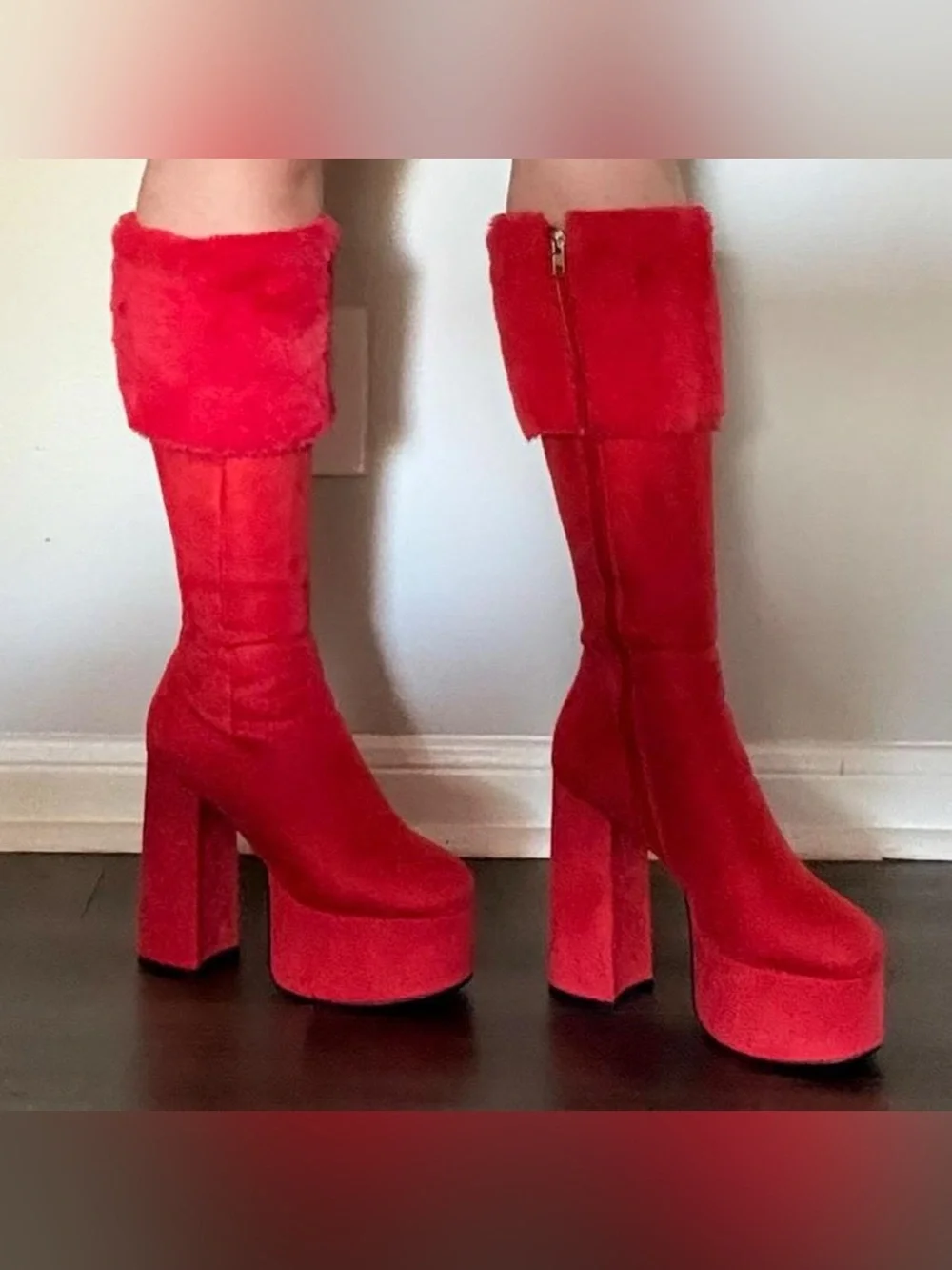 Red Suede Faux Fur-Trim Platform Boots